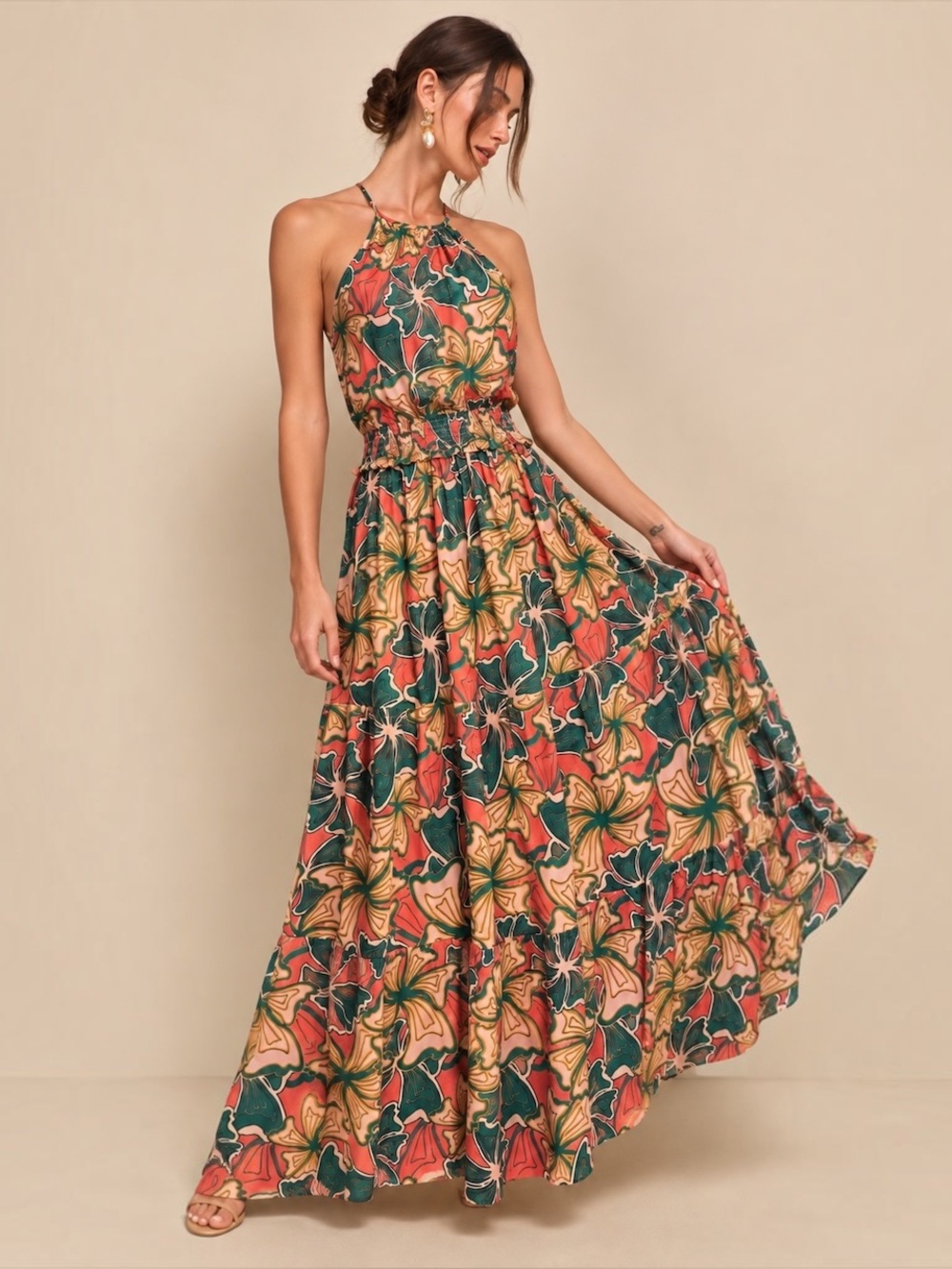 Lost + Wander Floral Halter Maxi Dress Pink Green Tiered Rayon Size S NWT